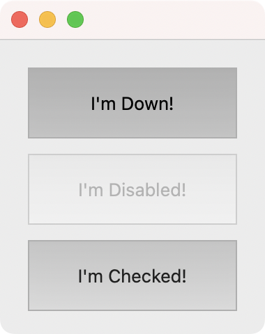 Window with 3 buttons: one starting in the down state, one disabled and one checked & toggleable.