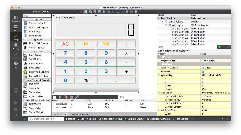 Defining the layout for the calculator in Qt Designer.