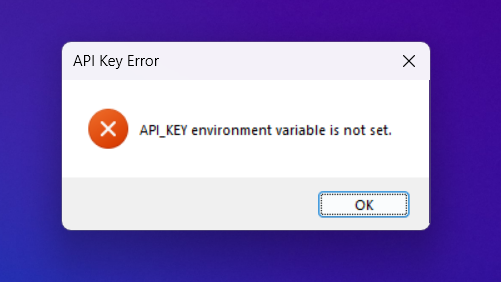 The error shown when API_KEY is not set correctly in the environment