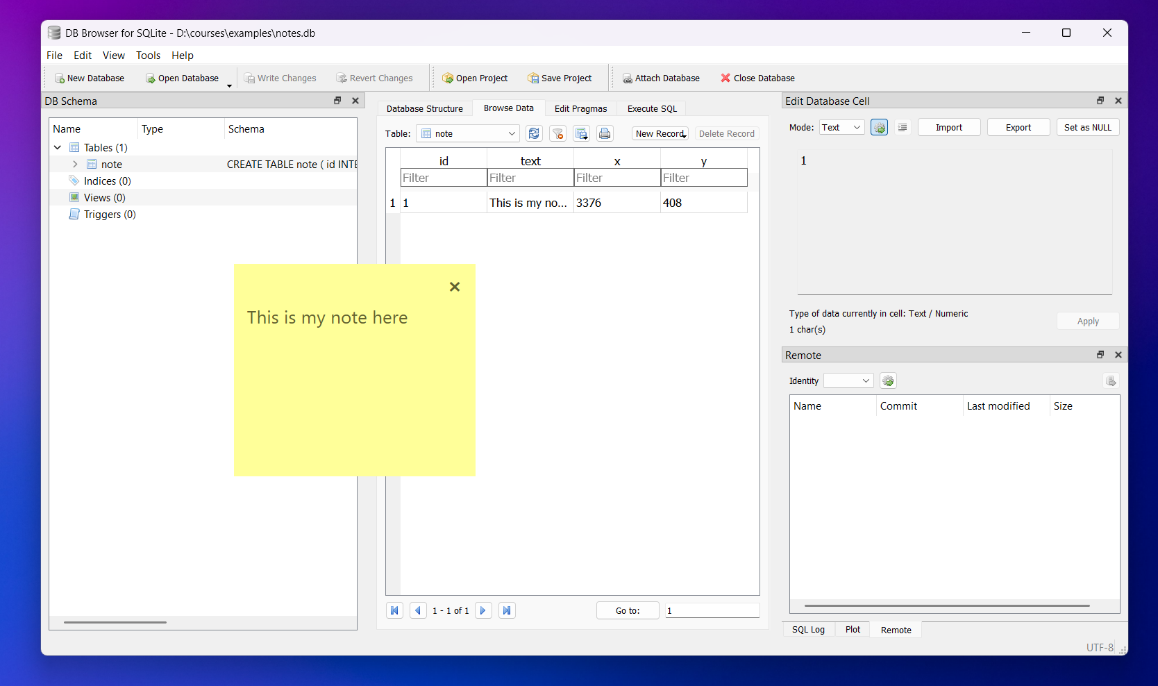 The note data persisted to the SQLite database