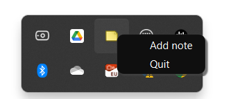 The sticky note icon in the tray showing its context menu