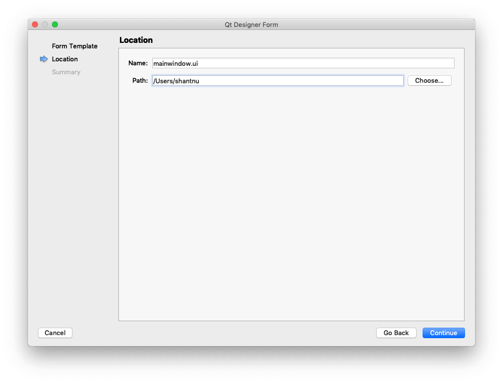 Qt Creator — Select Save location for the .ui file