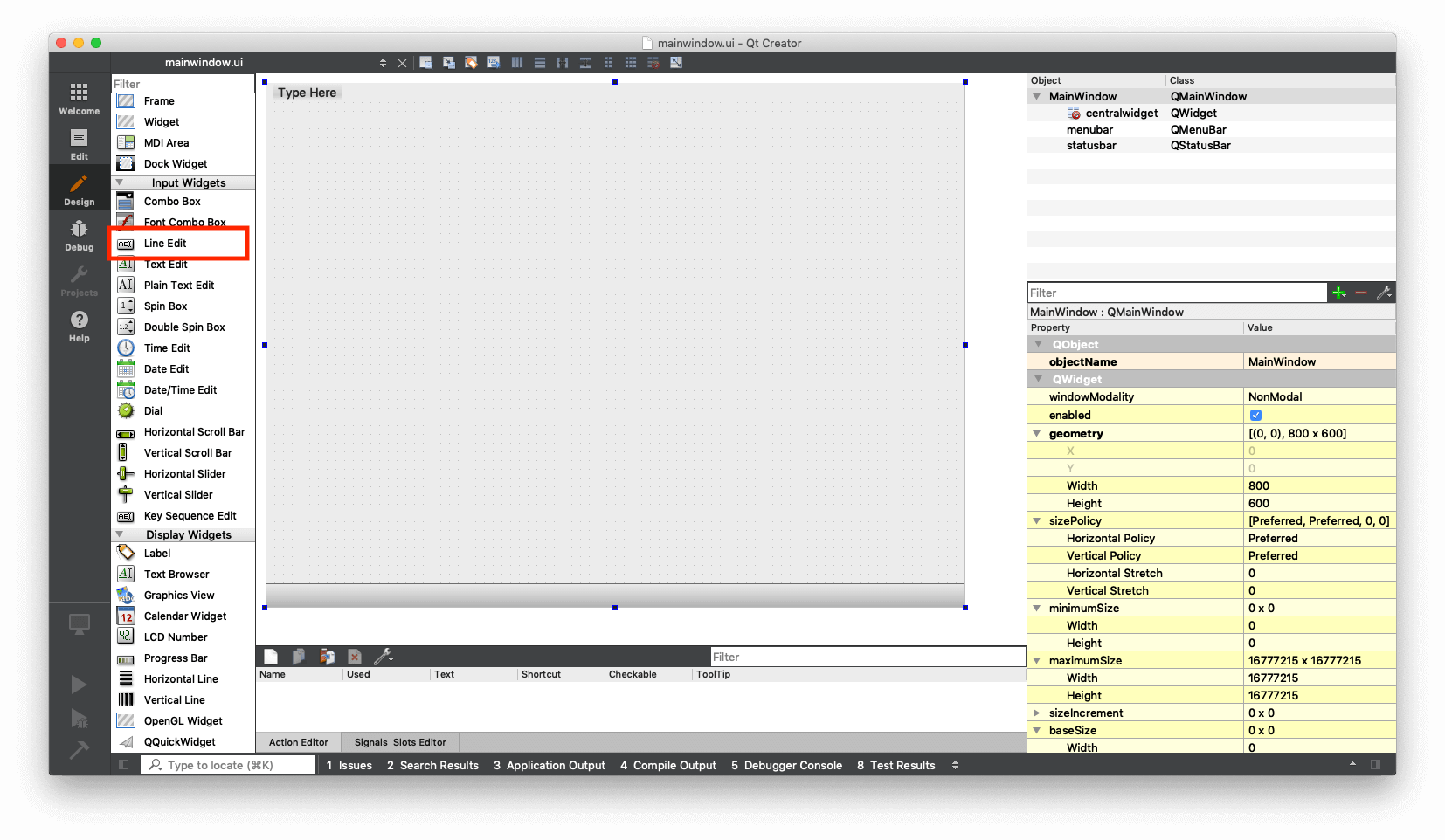 Qt Designer — with Line Edit highlighted