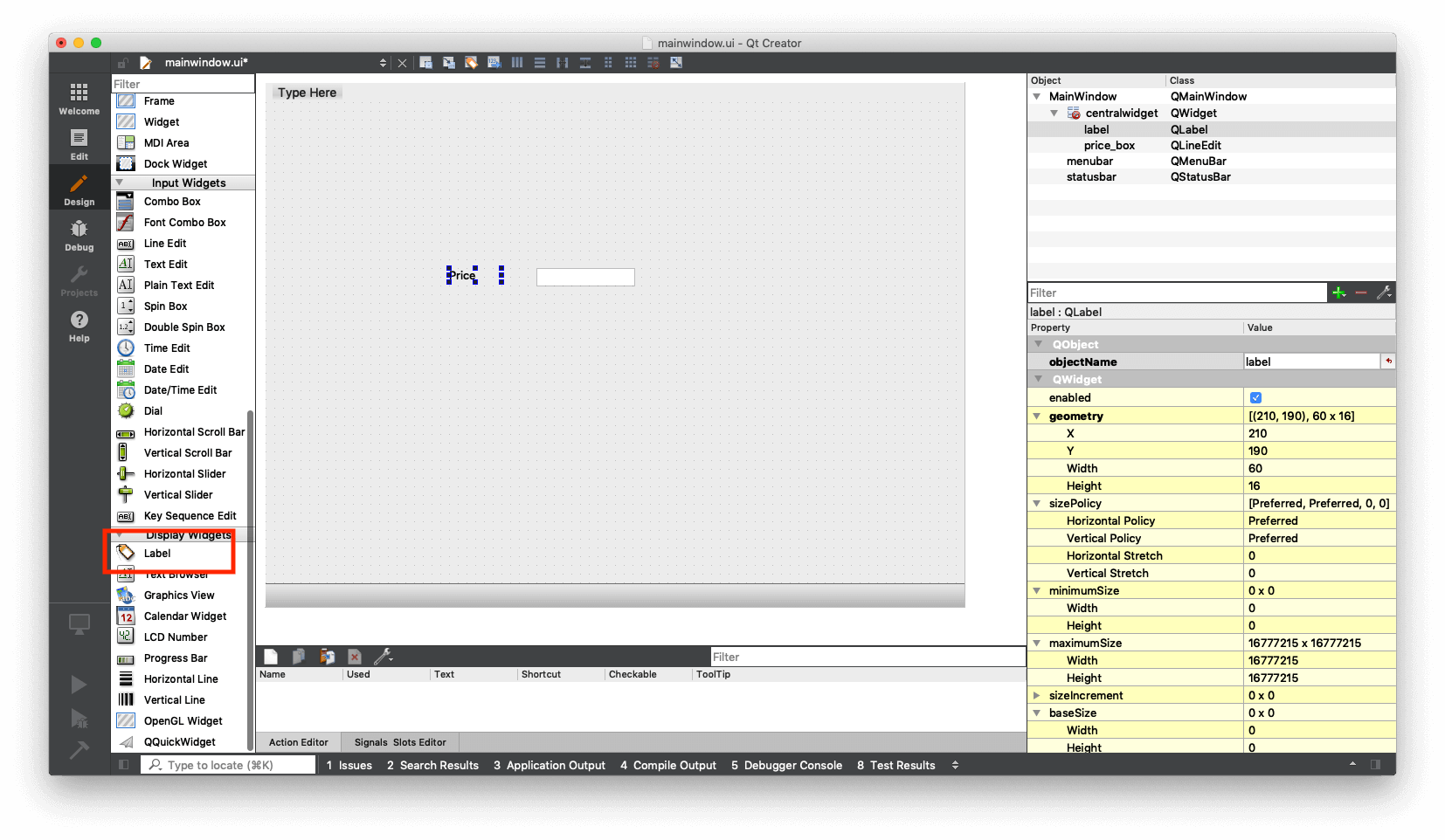 Qt Creator — Adding a Label