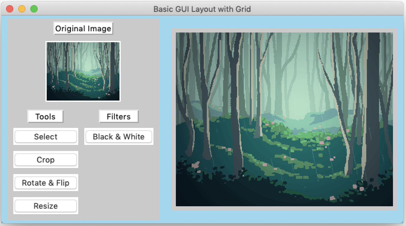 Updated photo editor GUI using grid, includes buttons