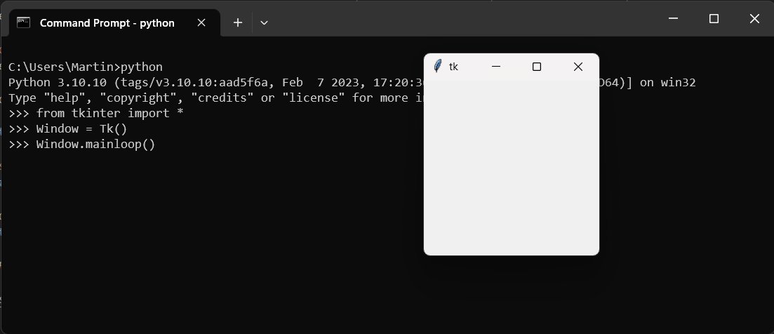 Importing Tkinter and creating a window in the Python REPL