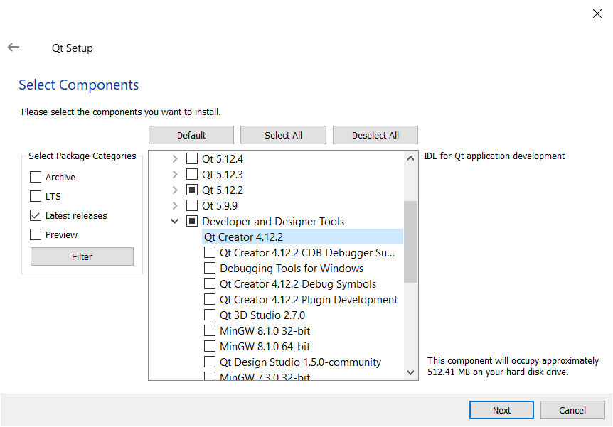 Installing the Qt Creator component.