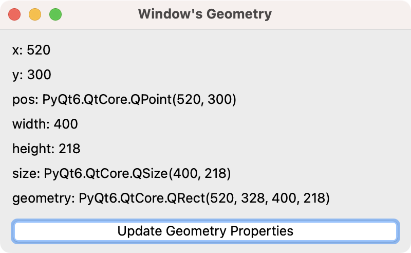 A Window Showing the Current Value of Every Geometry Property