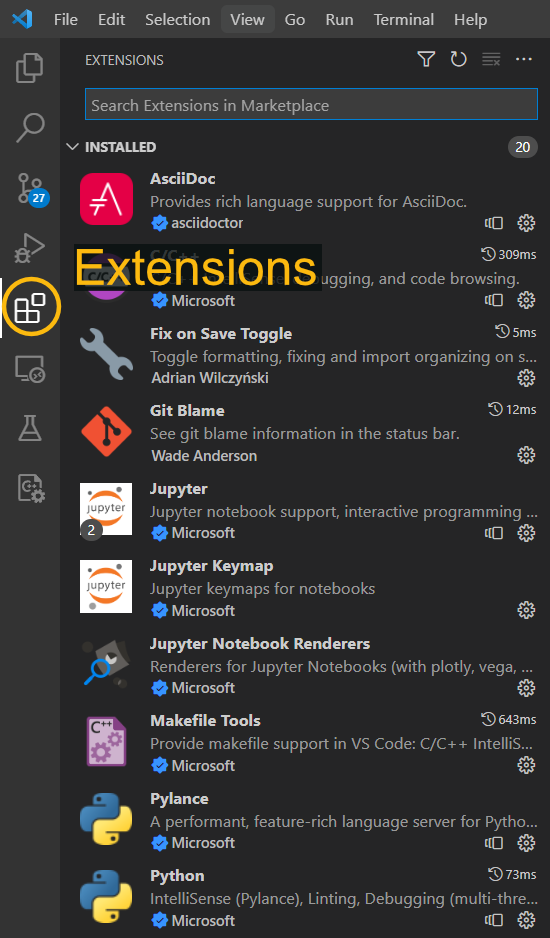 The Extensions tab in the left-hand sidebar