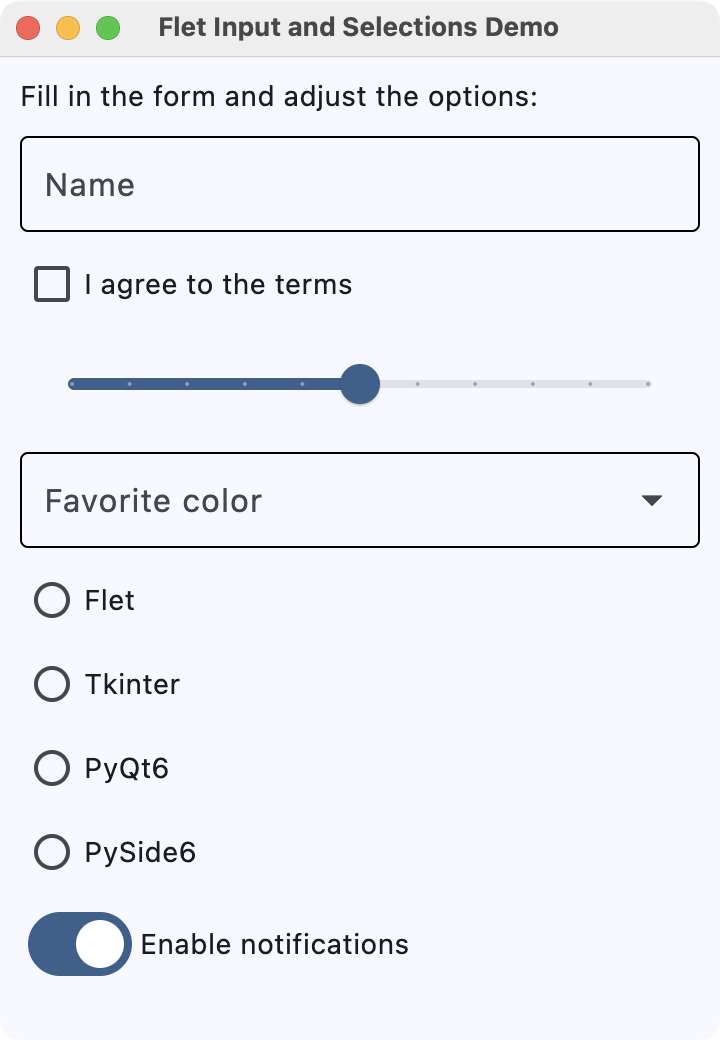 Flet input and selection controls demo