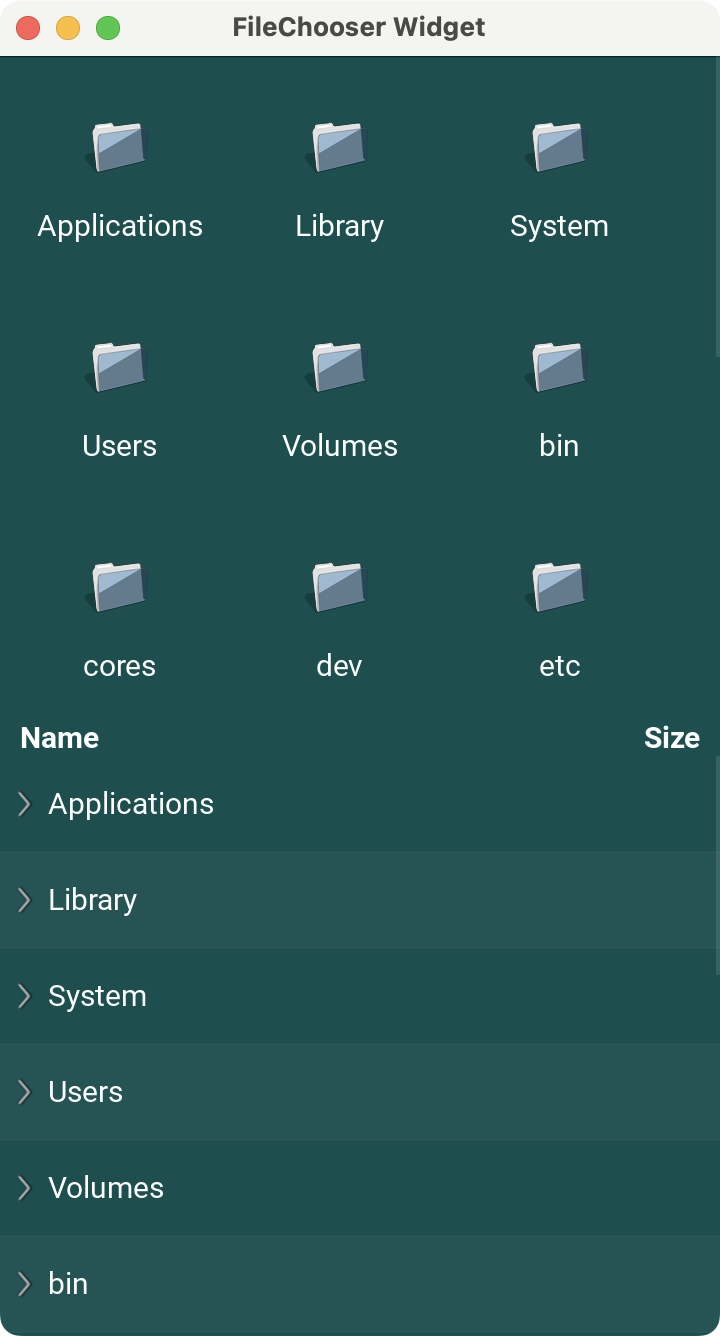 A Kivy app showing file chooser widgets