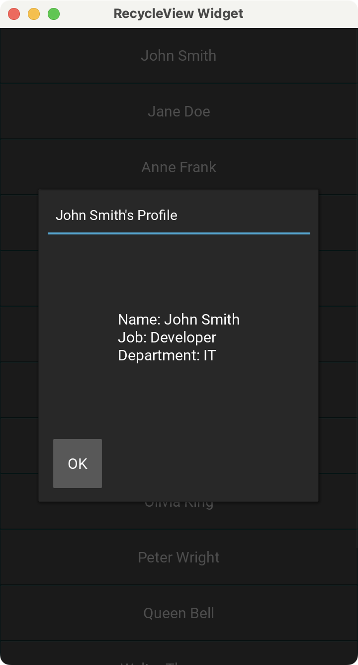 A Kivy app showing a RecycleView Widget