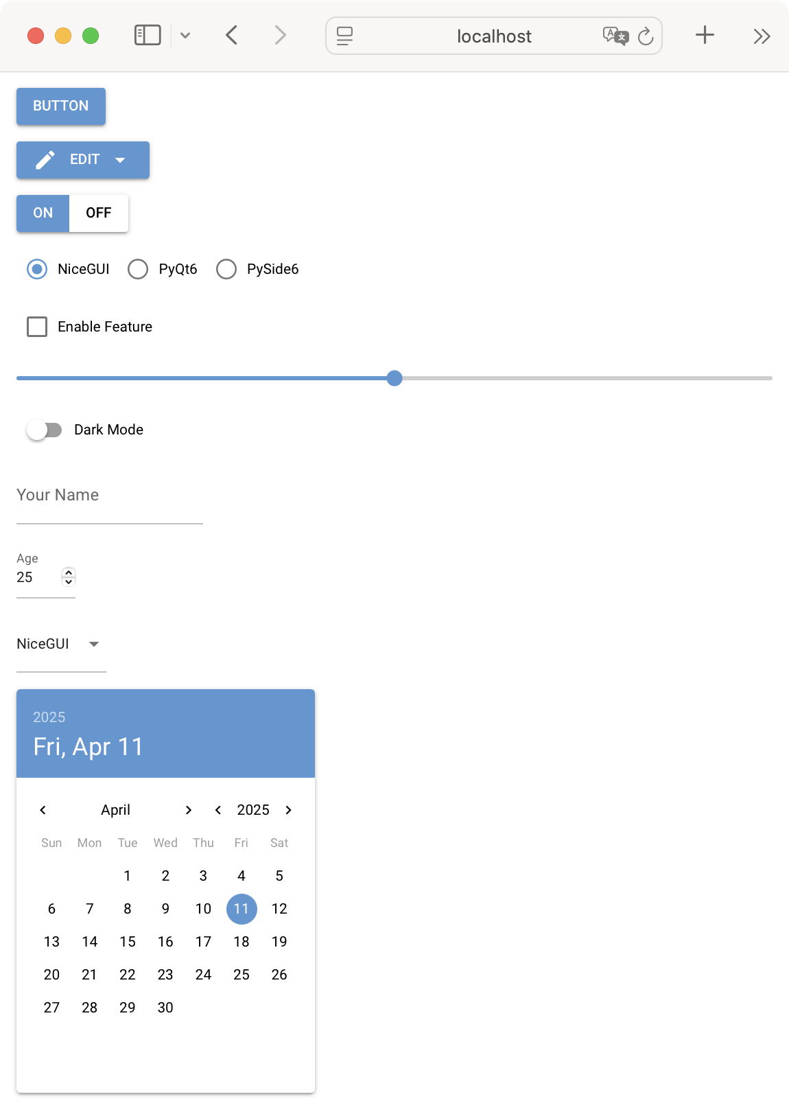 Control Elements Demo App in NiceGUI