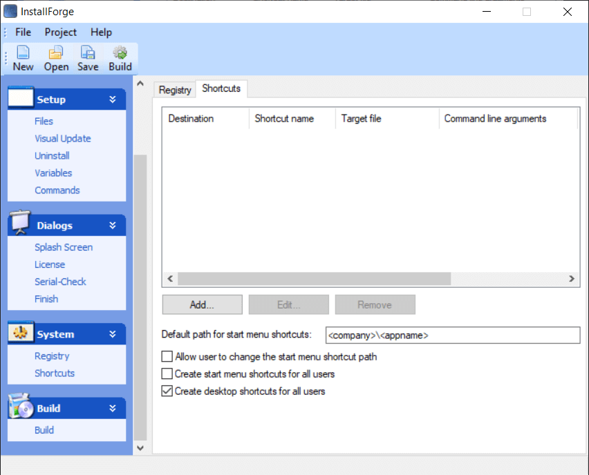 InstallForge configure Shortcuts, for Start Menu and Desktop