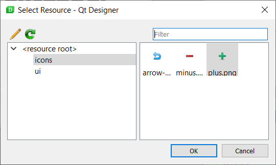 Selecting a resource in the Qt Designer resource dialog