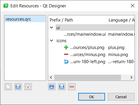 Edit Resources in Qt Designer
