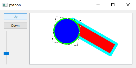 A QGraphicsView embedded in a PySide6 layout with custom controls for z-ordering and rotation