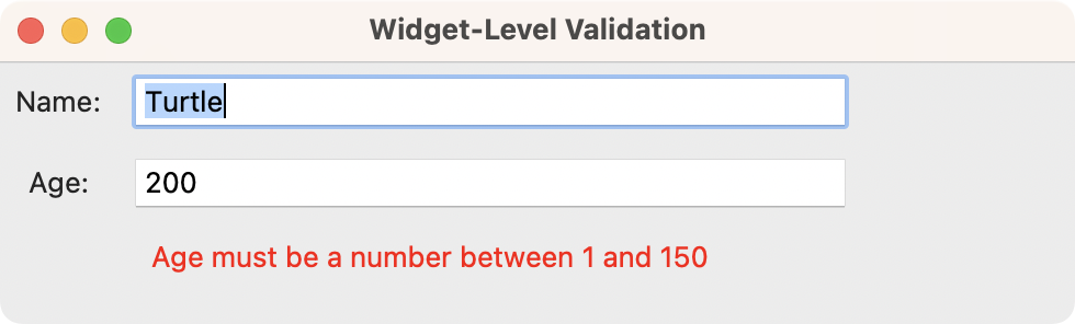 Window showing validation of an invalid age
