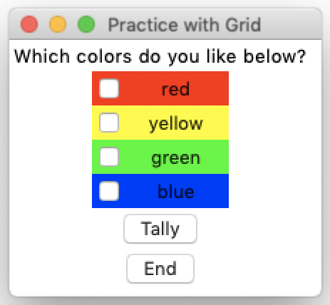 Example Tkinter UI using grid with Survey that asks which colors you like.