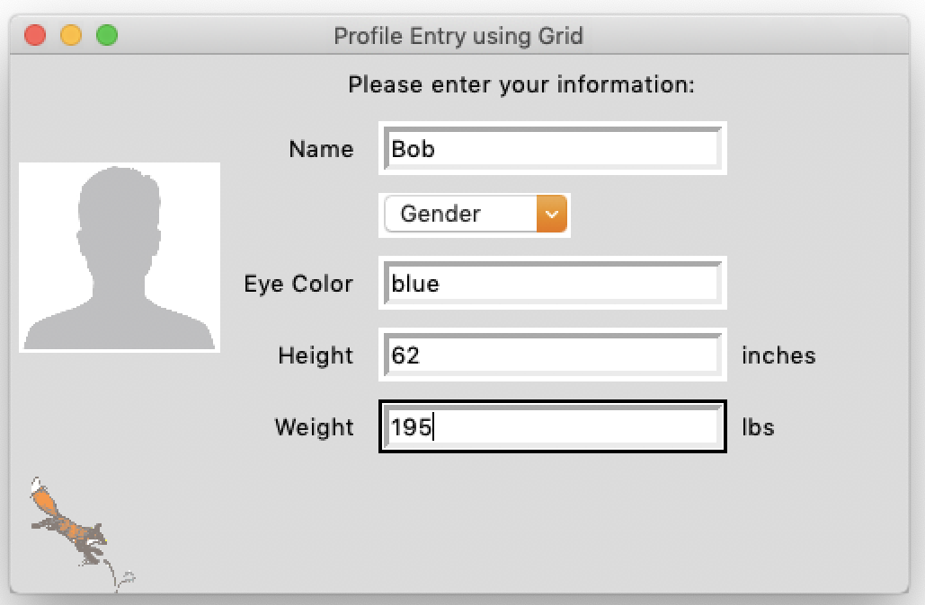 Profile Entry UI using Grid and Tkinter. Includes user image, name, gender, eye color, height and weight entry fields. 