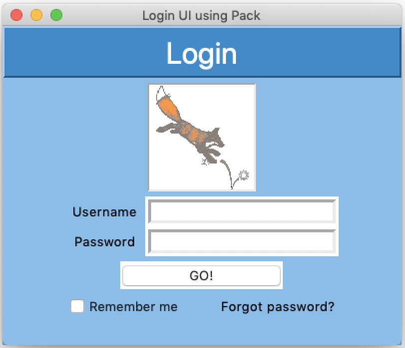 Login UI with Red Huli logo, blue background. Example UI created with Tkinter and Python