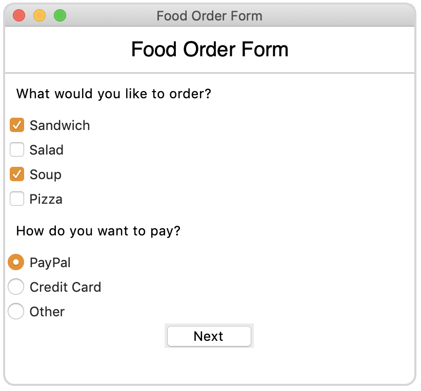 Food order GUI displaying Tkinter radiobutton and checkbutton widgets.