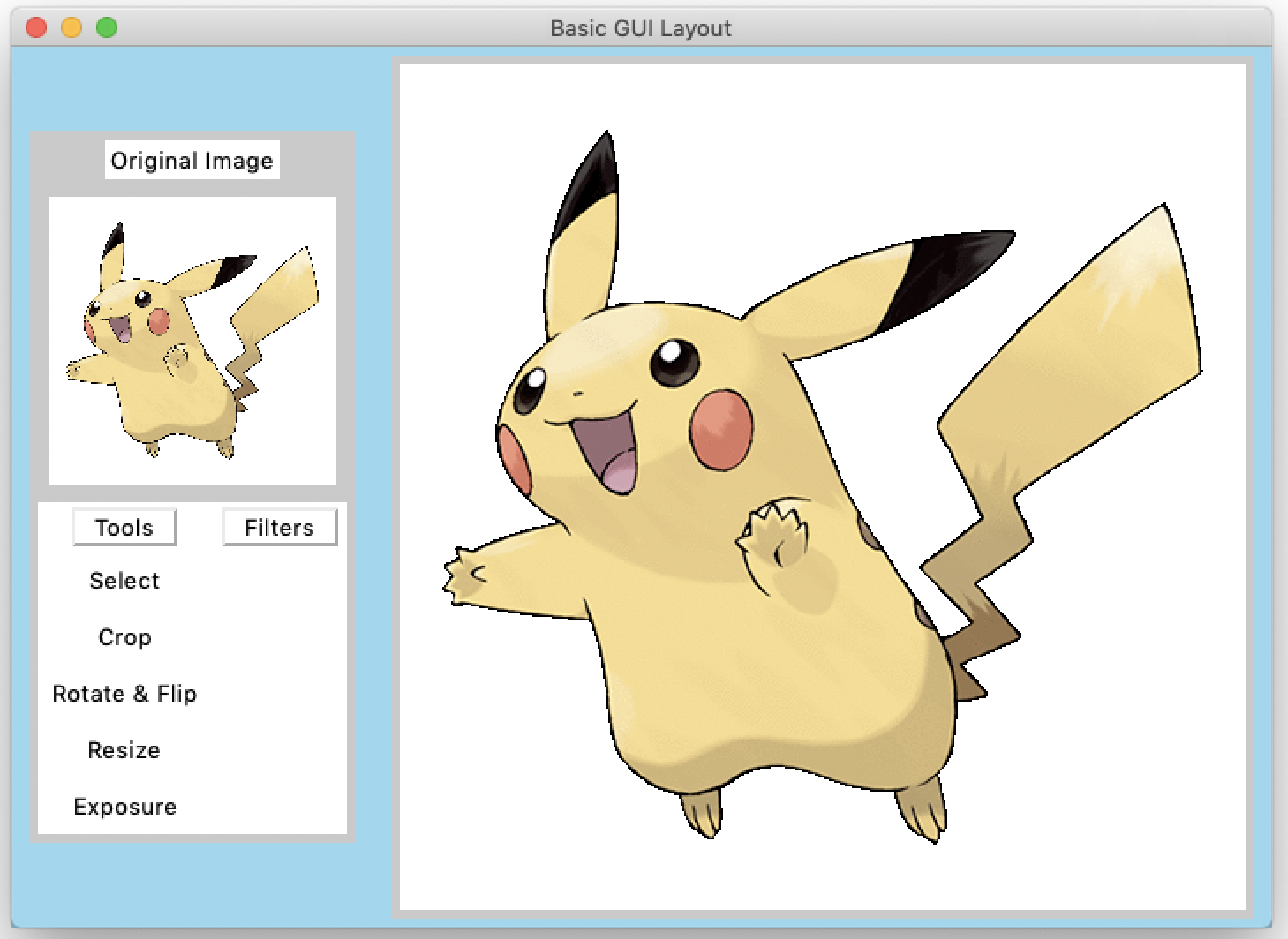 Example of GUI with Pikachu image.