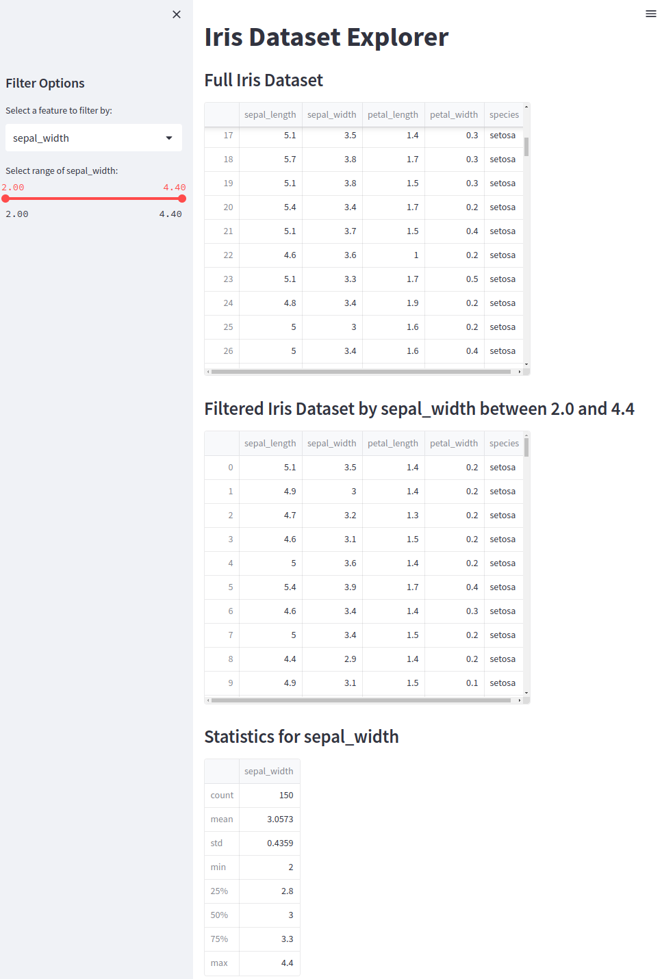 Data filtering demo using Pandas & Streamlit